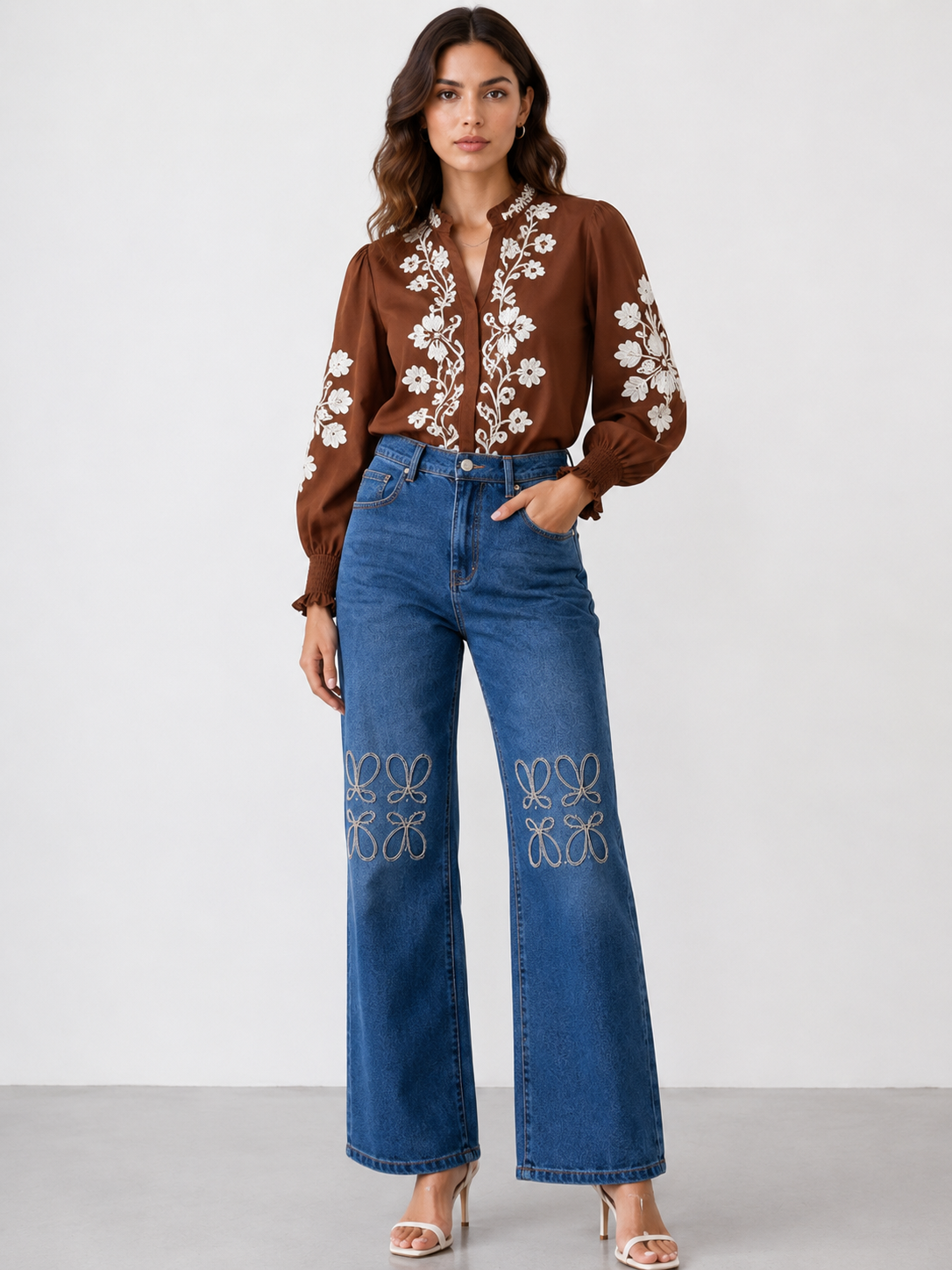 CARLOTA Jeans de Mujer Wide Leg con Bordado – Vaqueros de Tiro Alto y Pierna Ancha