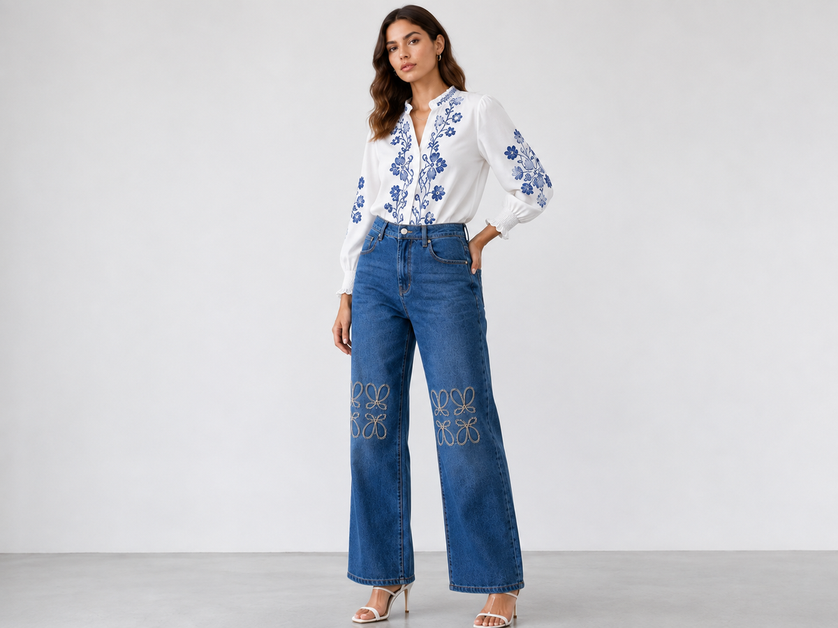 CARLOTA Jeans de Mujer Wide Leg con Bordado – Vaqueros de Tiro Alto y Pierna Ancha