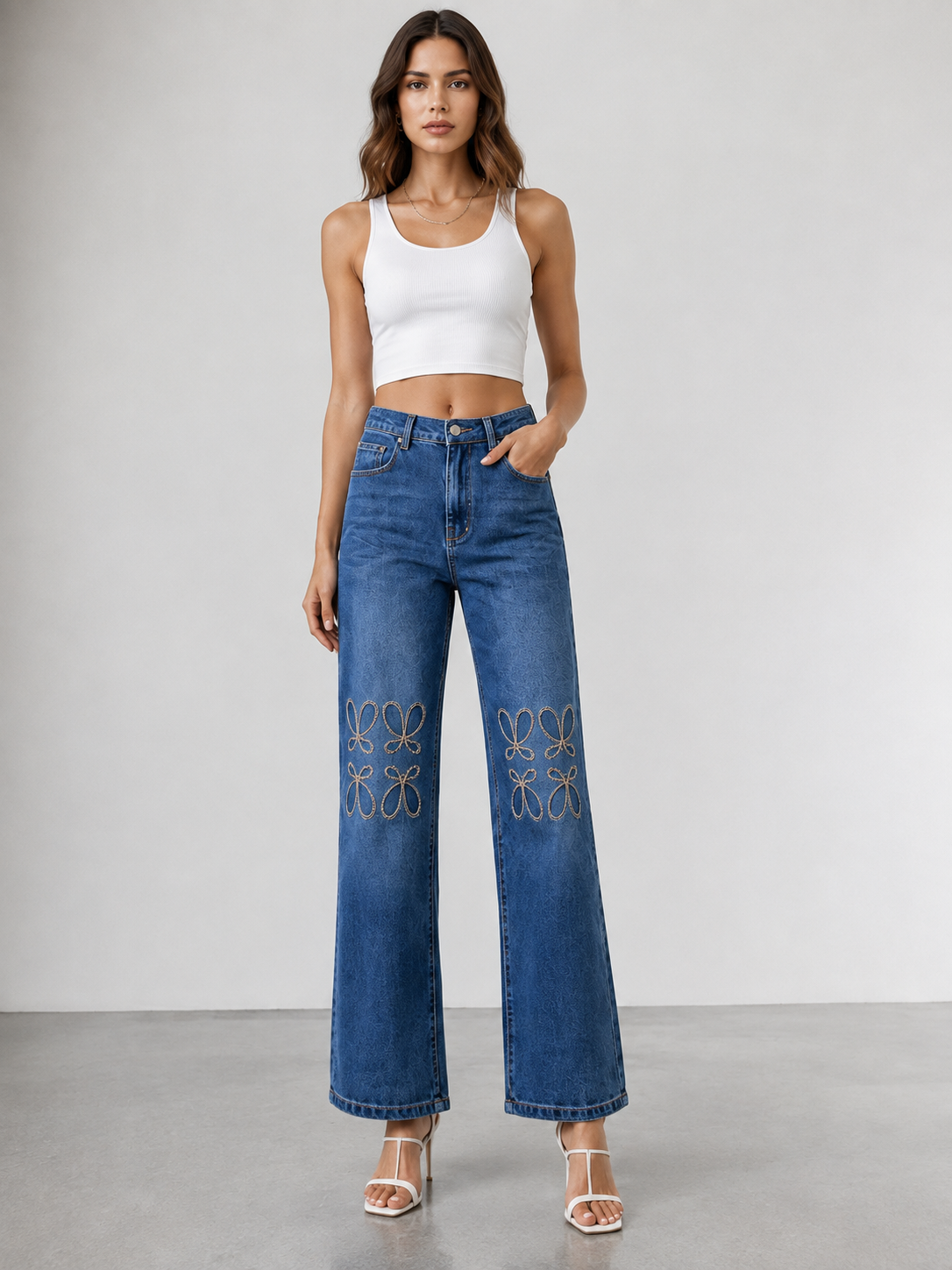 CARLOTA Jeans de Mujer Wide Leg con Bordado – Vaqueros de Tiro Alto y Pierna Ancha