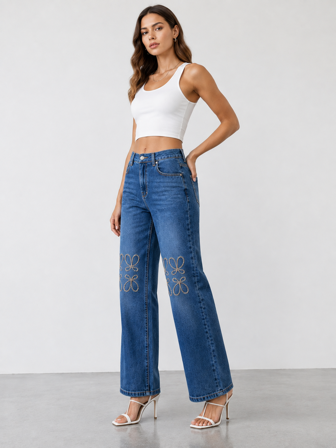 CARLOTA Jeans de Mujer Wide Leg con Bordado – Vaqueros de Tiro Alto y Pierna Ancha