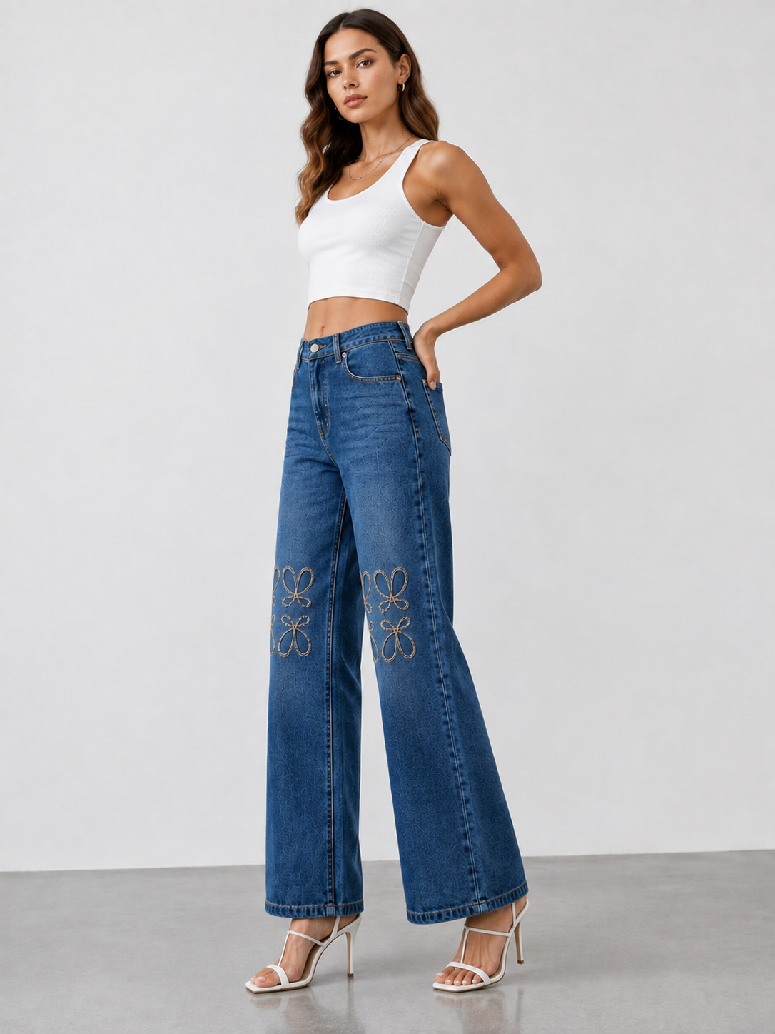 CARLOTA Jeans de Mujer Wide Leg con Bordado – Vaqueros de Tiro Alto y Pierna Ancha