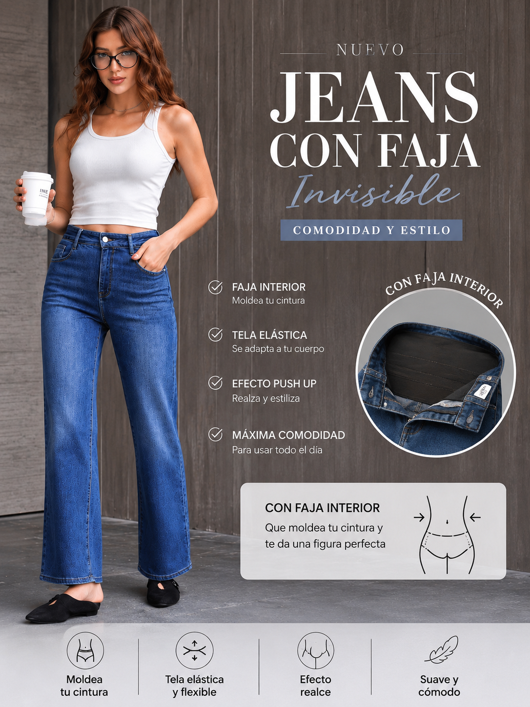 LAIA Vaqueros de Mujer Tiro Alto con Faja Interior – Efecto Moldeador y Realce