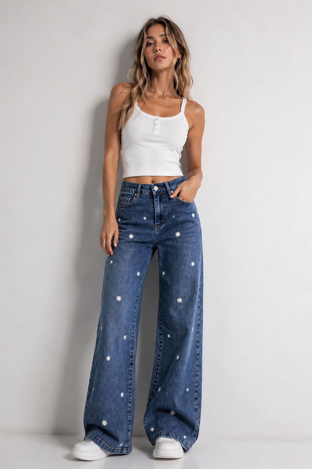 SHELY Jeans Wide Leg de Mujer con Bordado Floral – Vaqueros de Tiro Alto y Pierna Ancha