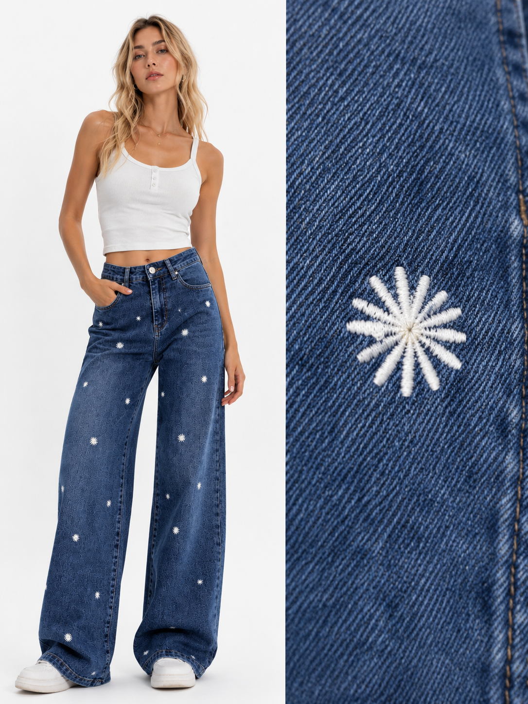 SHELY Jeans Wide Leg de Mujer con Bordado Floral – Vaqueros de Tiro Alto y Pierna Ancha