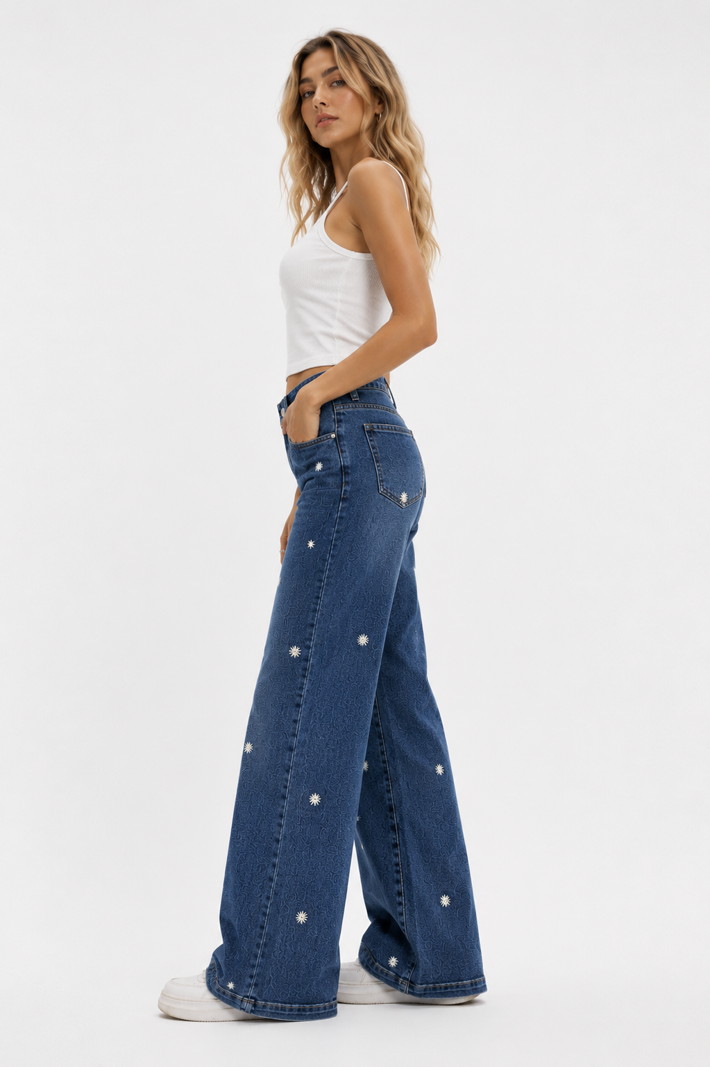 SHELY Jeans Wide Leg de Mujer con Bordado Floral – Vaqueros de Tiro Alto y Pierna Ancha