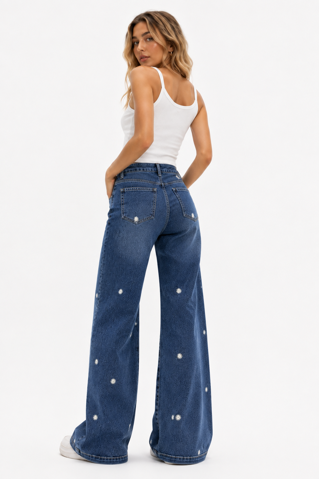 SHELY Jeans Wide Leg de Mujer con Bordado Floral – Vaqueros de Tiro Alto y Pierna Ancha
