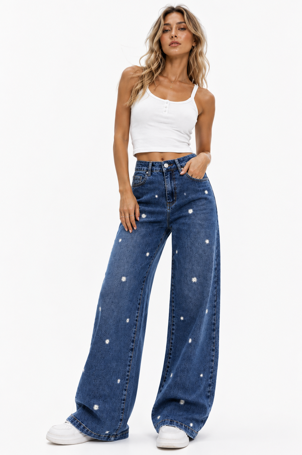 SHELY Jeans Wide Leg de Mujer con Bordado Floral – Vaqueros de Tiro Alto y Pierna Ancha
