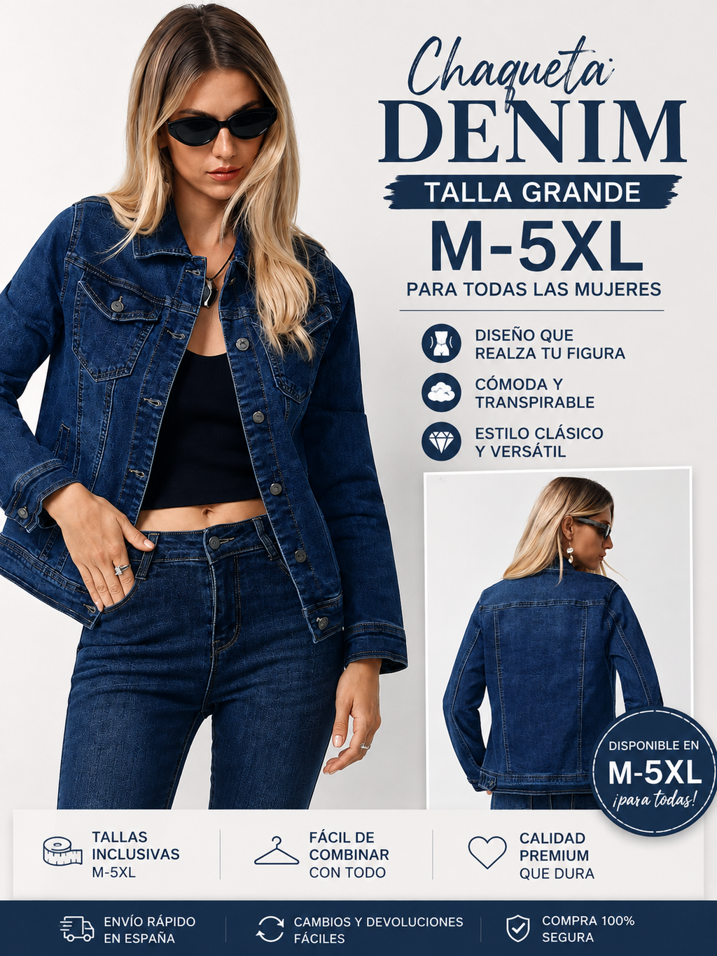 Chaqueta Vaquera Denim para Mujer Tallas Grandes M-5XL