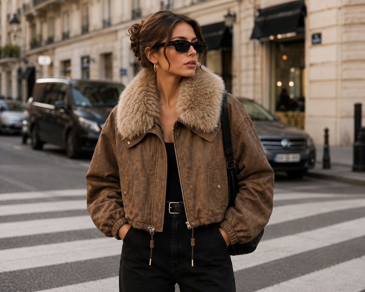 Chaqueta Corta para Mujer con Cuello de Pelo