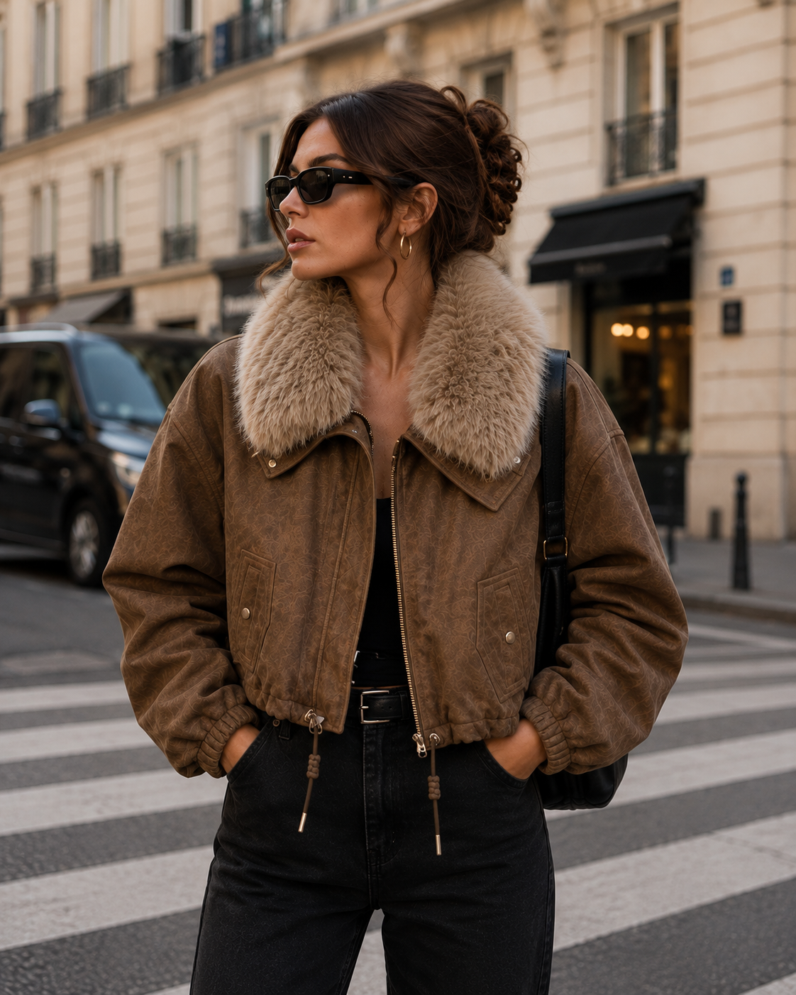 Chaqueta Corta para Mujer con Cuello de Pelo