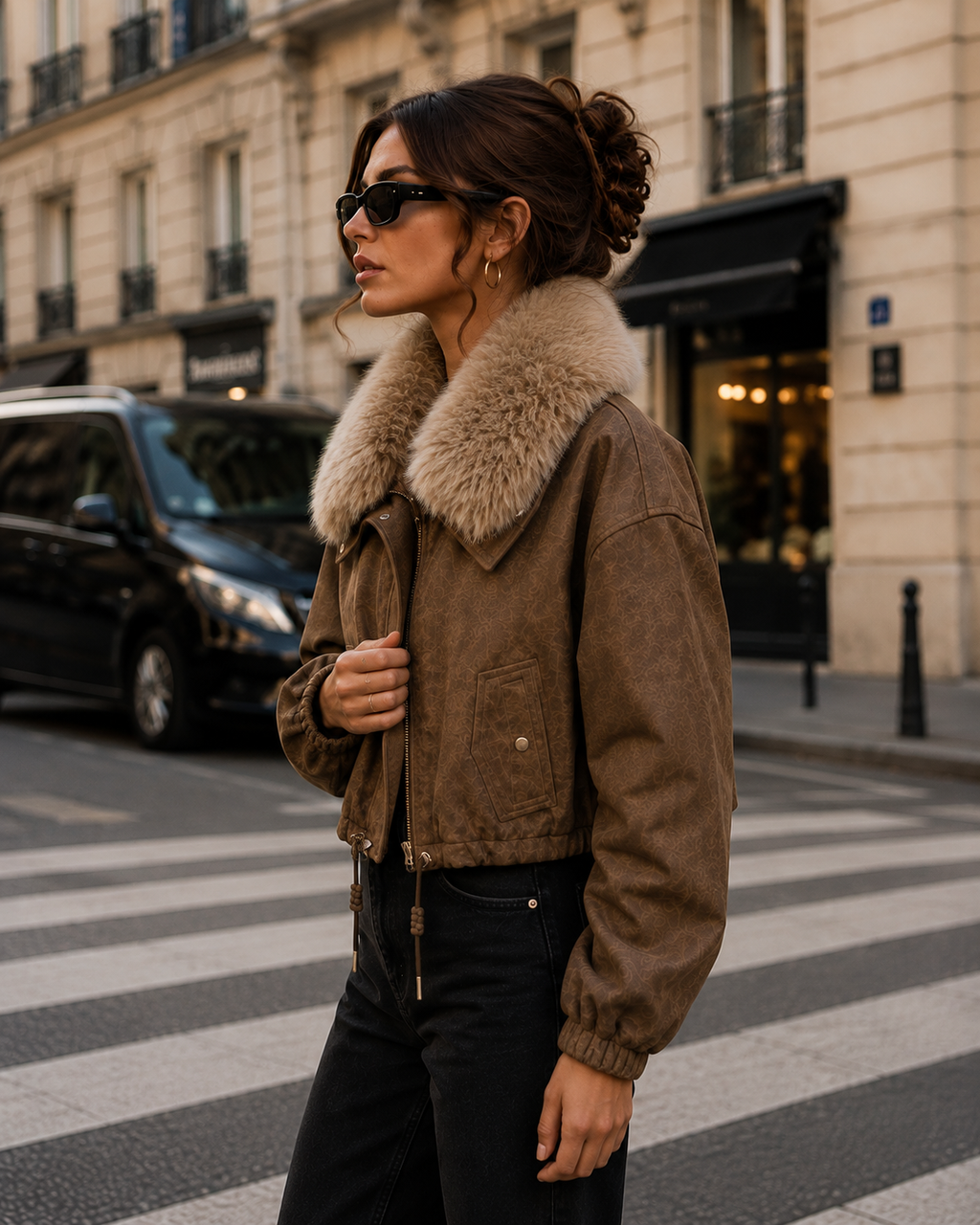 Chaqueta Corta para Mujer con Cuello de Pelo
