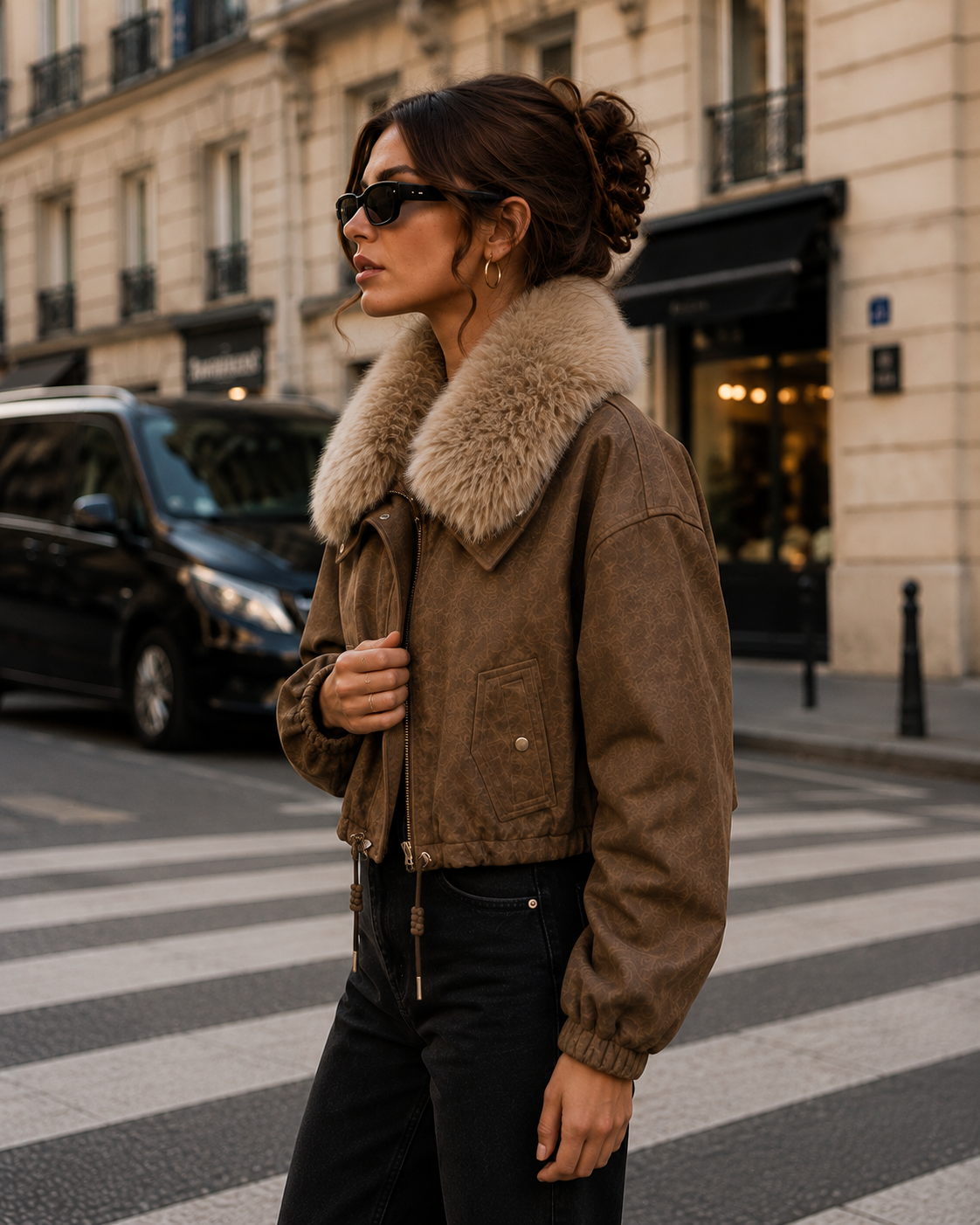 Chaqueta Corta para Mujer con Cuello de Pelo