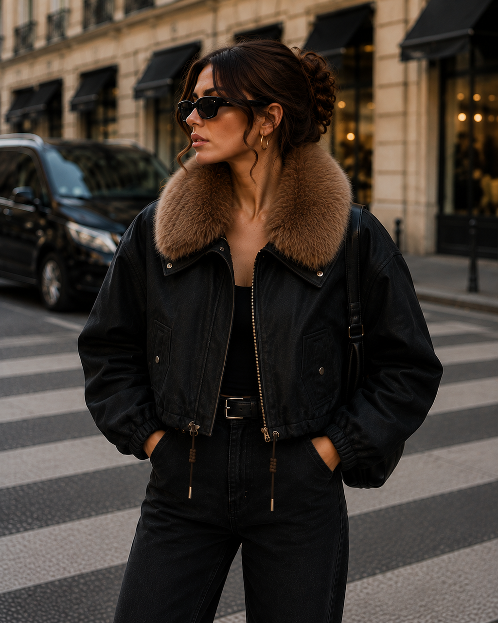 Chaqueta Corta para Mujer con Cuello de Pelo