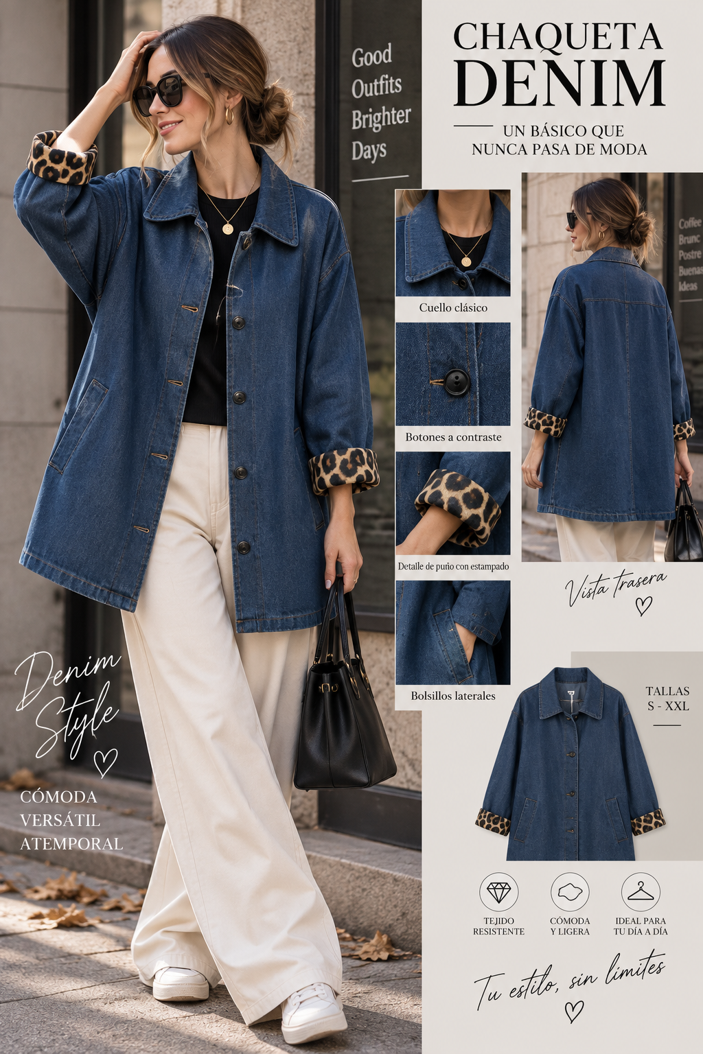 Chaqueta Denim Mujer con Puños de Leopardo