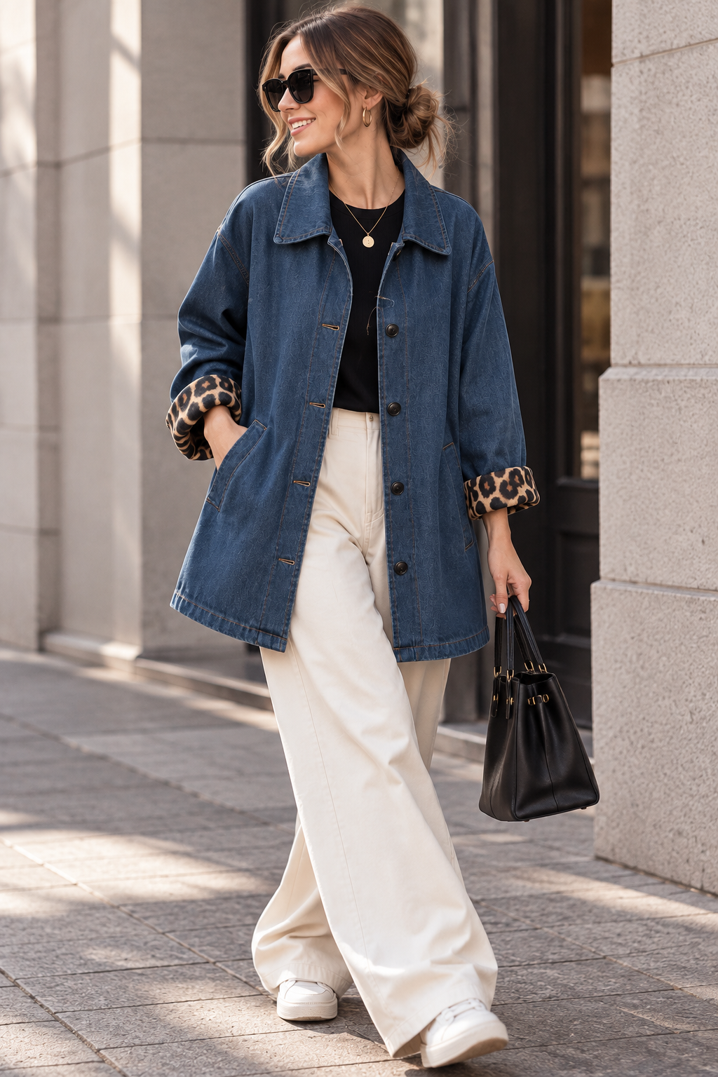 Chaqueta Denim Mujer con Puños de Leopardo