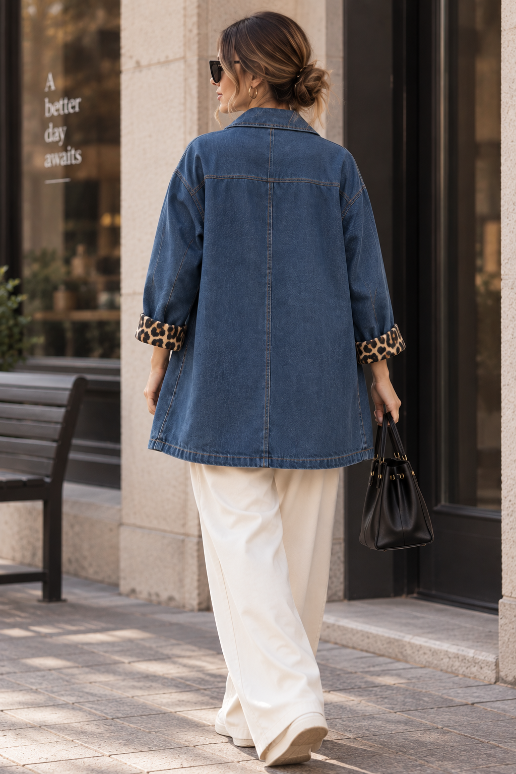 Chaqueta Denim Mujer con Puños de Leopardo