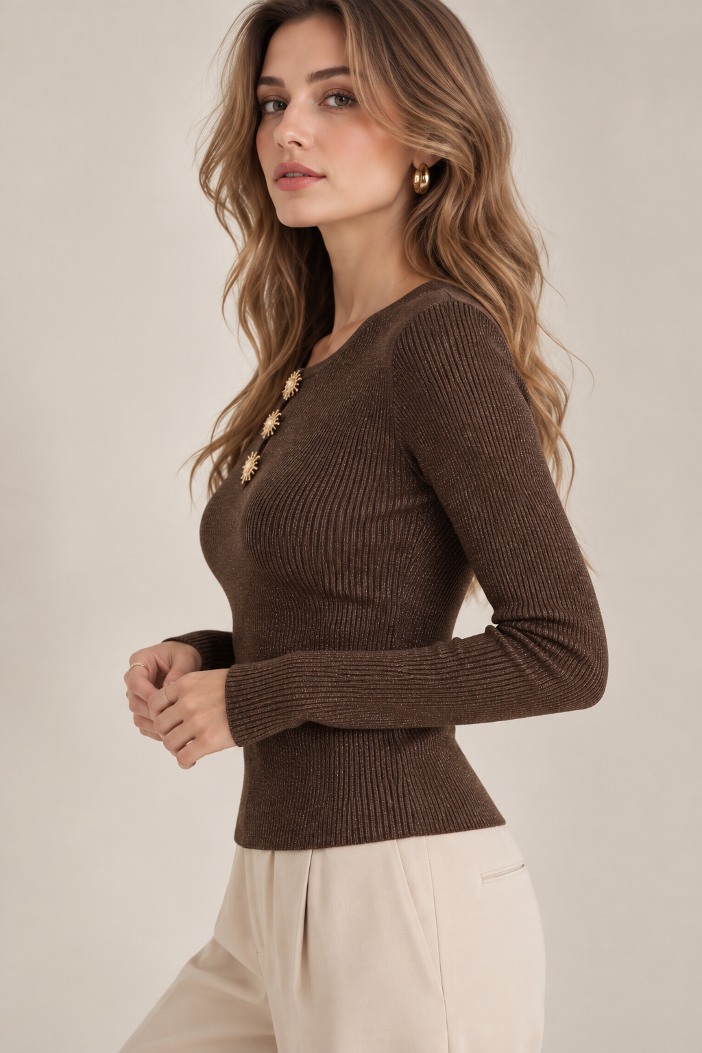 Jersey de Punto Mujer con Botones Joya Dorados