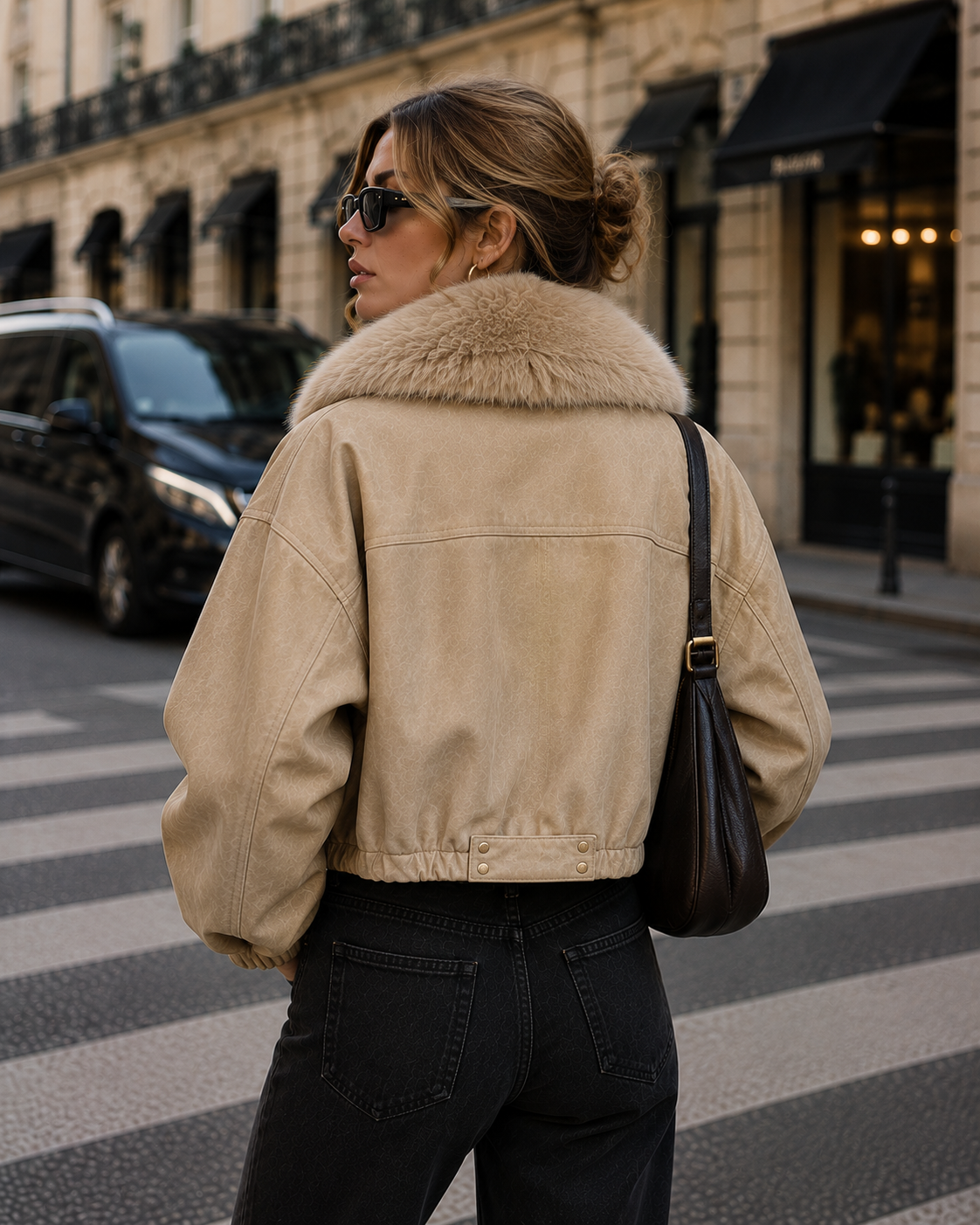 Chaqueta Corta para Mujer con Cuello de Pelo