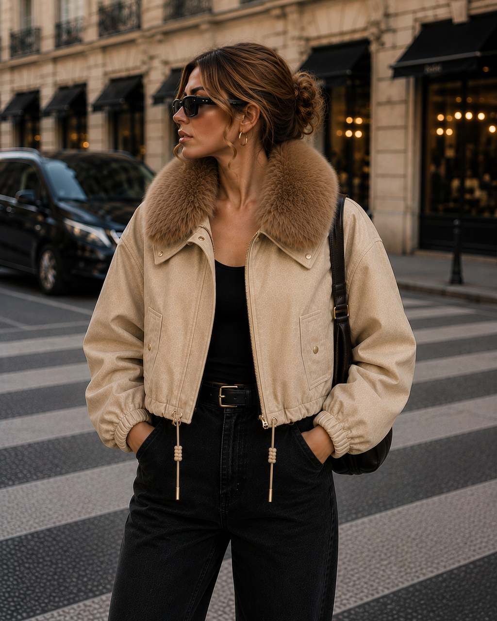 Chaqueta Corta para Mujer con Cuello de Pelo
